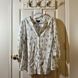 Lane Bryant Size 26/28 3/4 Sleeve Button-Down Shirt White With Blue Floral